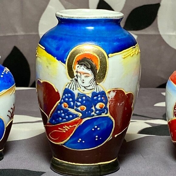 Vintage Occupied Japan Satsuma Moirage Porcelain Bone China Mini Vases Set Of 3 - Picture 5 of 12